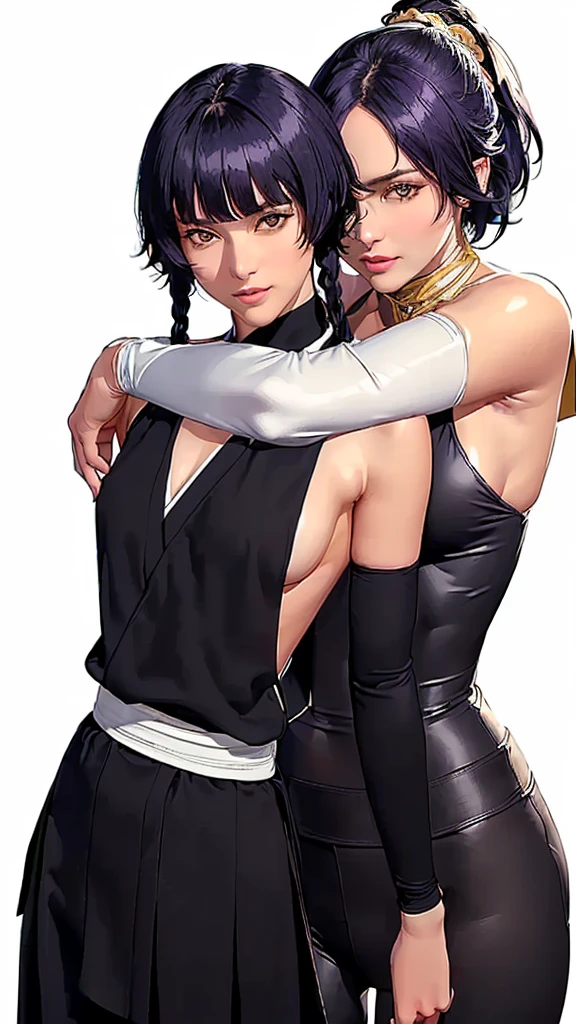 (（（Perfect body,White and tender skin,（（（japanese clothes, sideboob，Black top, Gold belt, black sleeves, black Japanese pants ）））,（（（sui-feng, short hair, short hair with long locks，Black hair））），((masterpiece)),high resolution, ((Best quality at best)),masterpiece,quality,Best quality,（（（ Exquisite facial features,Looking at the audience,There is light in the eyes,Smile））），Two Women，Embrace）））,（（（Light and shadow,Small chest，）））,（（（Looking at the camera,White background,)））),