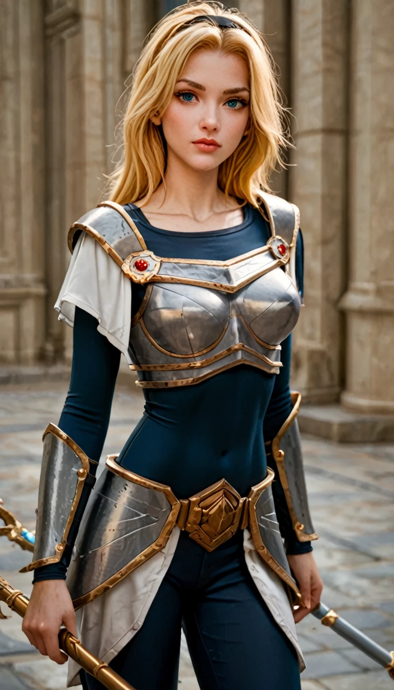 photographer, score_9, score_8_up, score_7_up, professional illustration, extreme detail, angular brush, 1girl, solo, LuxLoLXL, blue eyes, blonde hair, long hair, black hairband, medium breasts, collarbone, shoulder armor, armor, blue bodysuit, breastplate, long sleeves, faulds, skirt, blue pants, armored boots, holding staff