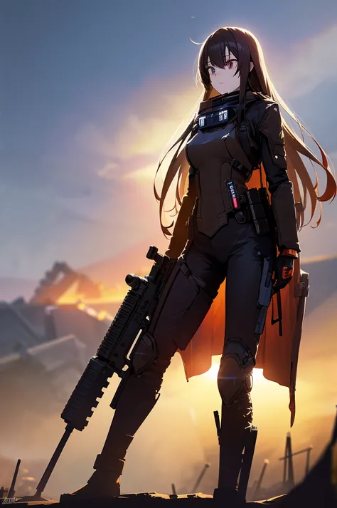 in the spotlight, holding_gun, assault_rifle, very detailed, brown hair, long hair, anime style, whole body, alone, stylish gunf...