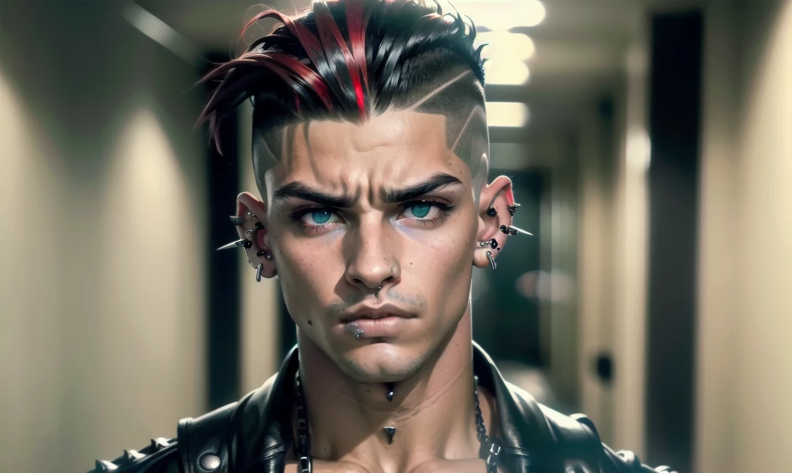 "((highly detailed, detailed eyes, detailed face, clear and realistic facial features, photorealistic, realistic light; cinematic)), (1 man), ((((school hallway background)))), (((gorgeous athletic punk tough bully male))), ((18-year-old teenage male)), ((((glaring expression)))), ((intimidating mood)), ((blue-green eyes)), ((long black hair with a undercut)), (((dressed in black and leather))), ((multiple metal ear piercings)), ((male black eye makeup)), ((red tint in hair))."