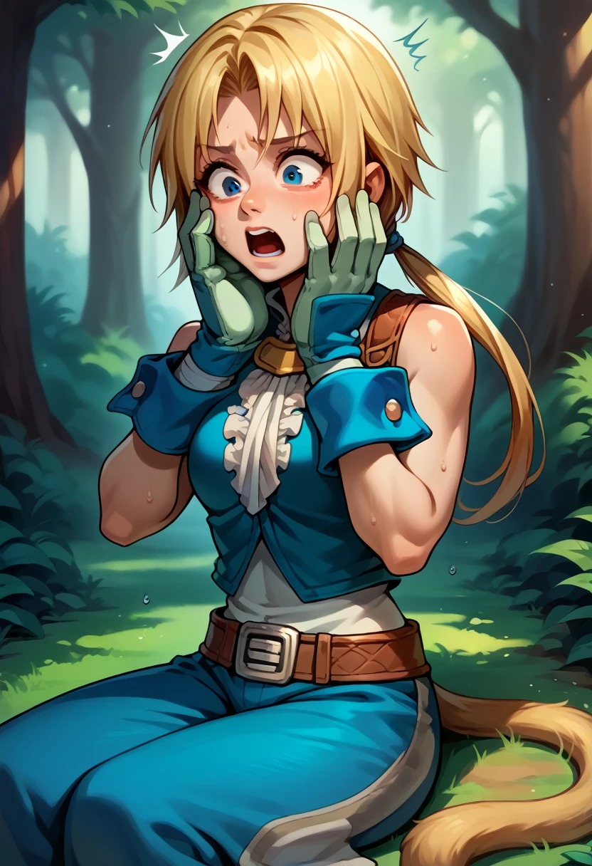 score_9, score_8_up, score_7_up, 1girl solo, female focus, female body, zidane, blonde hair, medium hair, blue eyes, monkey tail, low ponytail, parted bangs, gloves, blue pants, sitting on ground, hands on face, shocked, shaking, sweating, white aura, looking down , deep forest
