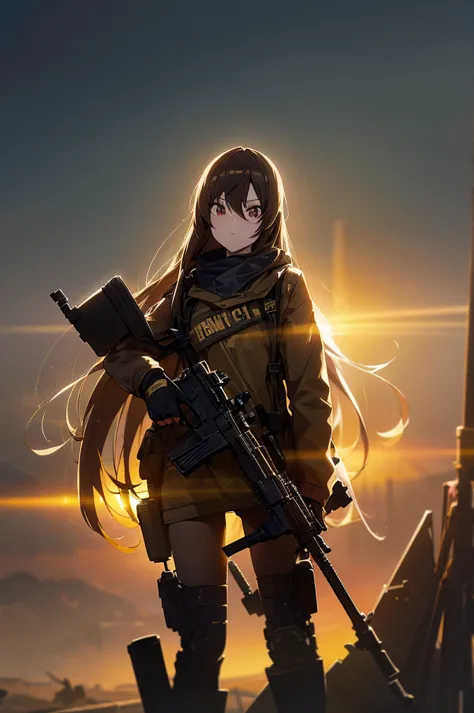 in the spotlight, holding_gun, assault_rifle, very detailed, brown hair, long hair, anime style, whole body, alone, stylish gunf...