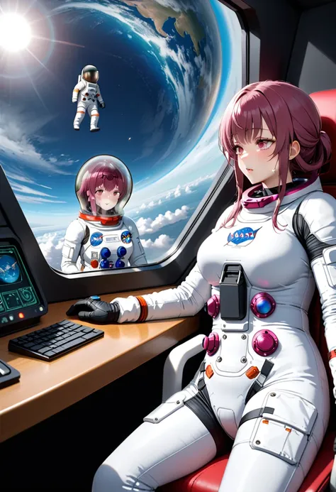 astronaut) brown hair, a pair of girls, very short hair, black hair, ,  short hair,  ,(blushing),aheavy breathing, sweat, woman ...