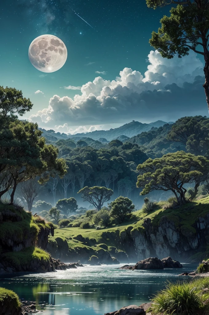 large moon, stunning moon, a lush eden, paradise overflowing with fauna, emerald dunes in the distance, raging winds, exotic features, remarkable landscape, stunning features, exaggerated tones, exaggerated proportions, a night sky clear of clouds, shimmering stars, luminous moonlight, shimmering sands of green, hyper detailed, vibrant colors, cinematic light, 8k, masterpiece, photorealistic, award winning, stunning landscape, intricate details, dramatic atmosphere, tones of green, shades of emerald, shades of blue, white streaks of moonlight, light dancing, whisps of color, a glistening white kingdom