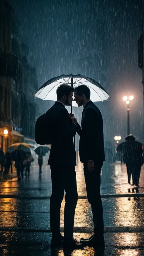 2 handsome men holding umbrella, looking at eachother, it's raining, evening sky, they have completed feeling for each other, th...