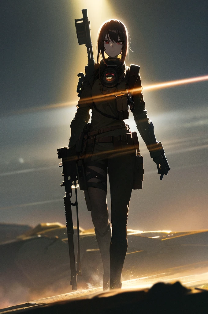 In the spotlight, holding_gun, assault_rifle, Very detailed,, Anime Style, whole body, alone, Stylish Gunfighter Girl, Holding a steampunk long barrel pistol,Standing in the wasteland, 8K high resolution, White Background, The background is a dark and desolate landscape, Horror movie atmosphere. Her figure is very beautiful, Emphasizing the dark and crazy elements. Skillfully expressing the effects of light and shadow, Anime girls with guns and rifles, from Girls&#39; Frontline, mechanized soldier girl, Girls&#39; Frontline style