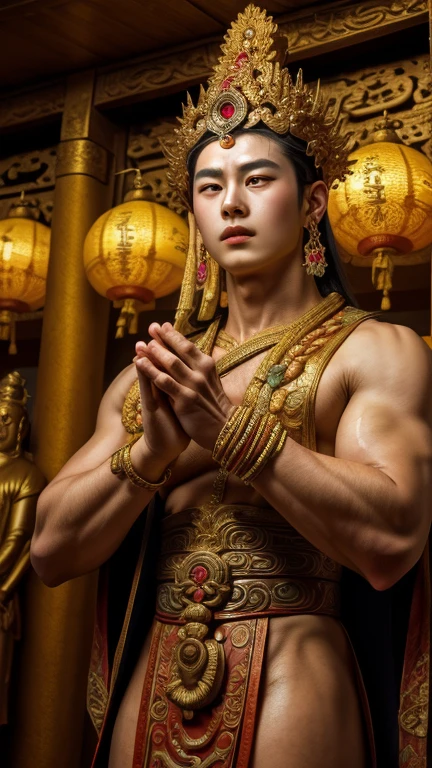 masterpiece,Best quality at best,UHD,8k wallpaper,actual,masterious,(realisticlying:1.4),1 Giant men,full bodyesbian, a housand Hands god, Guan yin  style , Multiple hands holding some holly chinese weapons, he is in an ancient style temple , fantastic dunhuang outfits, olot of jewelry detail, holly lighting ,, beautiful korean face with compassion 