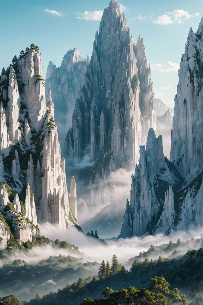 a glistening white kingdom of limestone, hidden between the cracked mountain, emerald light shining from the city and mountain, lush foliage, ornate architecture, sunrays, volumetric lighting, epic landscape, mist, fantasy, (best quality, 8k, highres, masterpiece:1.2), ultra-detailed, photorealistic, HDR, cinematic lighting, vibrant colors, detailed textures