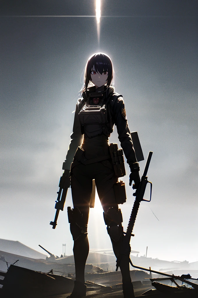 In the spotlight, holding_gun, assault_rifle, Very detailed,, Anime Style, whole body, alone, Stylish Gunfighter Girl, Holding a steampunk long barrel pistol,Standing in the wasteland, 8K high resolution, White Background, The background is a dark and desolate landscape, Horror movie atmosphere. Her figure is very beautiful, Emphasizing the dark and crazy elements. Skillfully expressing the effects of light and shadow, Anime girls with guns and rifles, from Girls&#39; Frontline, mechanized soldier girl, Girls&#39; Frontline style