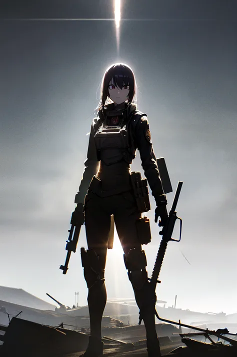 in the spotlight, holding_gun, assault_rifle, very detailed,, anime style, whole body, alone, stylish gunfighter girl, holding a...