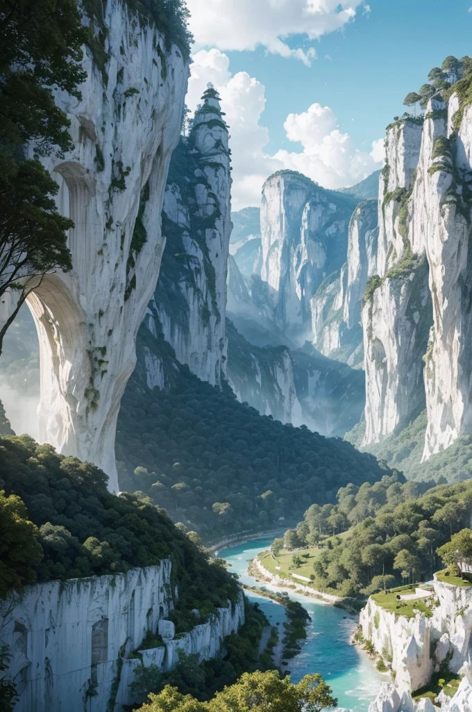 a glistening white kingdom of limestone, nestled in the valley, emerald light shining from the city, lush foliage, ornate architecture, sunrays, volumetric lighting, epic kingdom, fantasy, (best quality, 8k, highres, masterpiece:1.2), ultra-detailed, photorealistic, HDR, cinematic lighting, vibrant colors, detailed textures