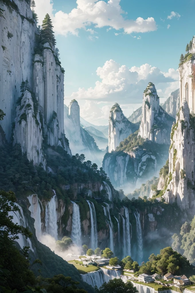 a glistening white kingdom of limestone, nestled in the valley, emerald light shining from the city, lush foliage, ornate architecture, sunrays, volumetric lighting, epic kingdom, fantasy, (best quality, 8k, highres, masterpiece:1.2), ultra-detailed, photorealistic, HDR, cinematic lighting, vibrant colors, detailed textures