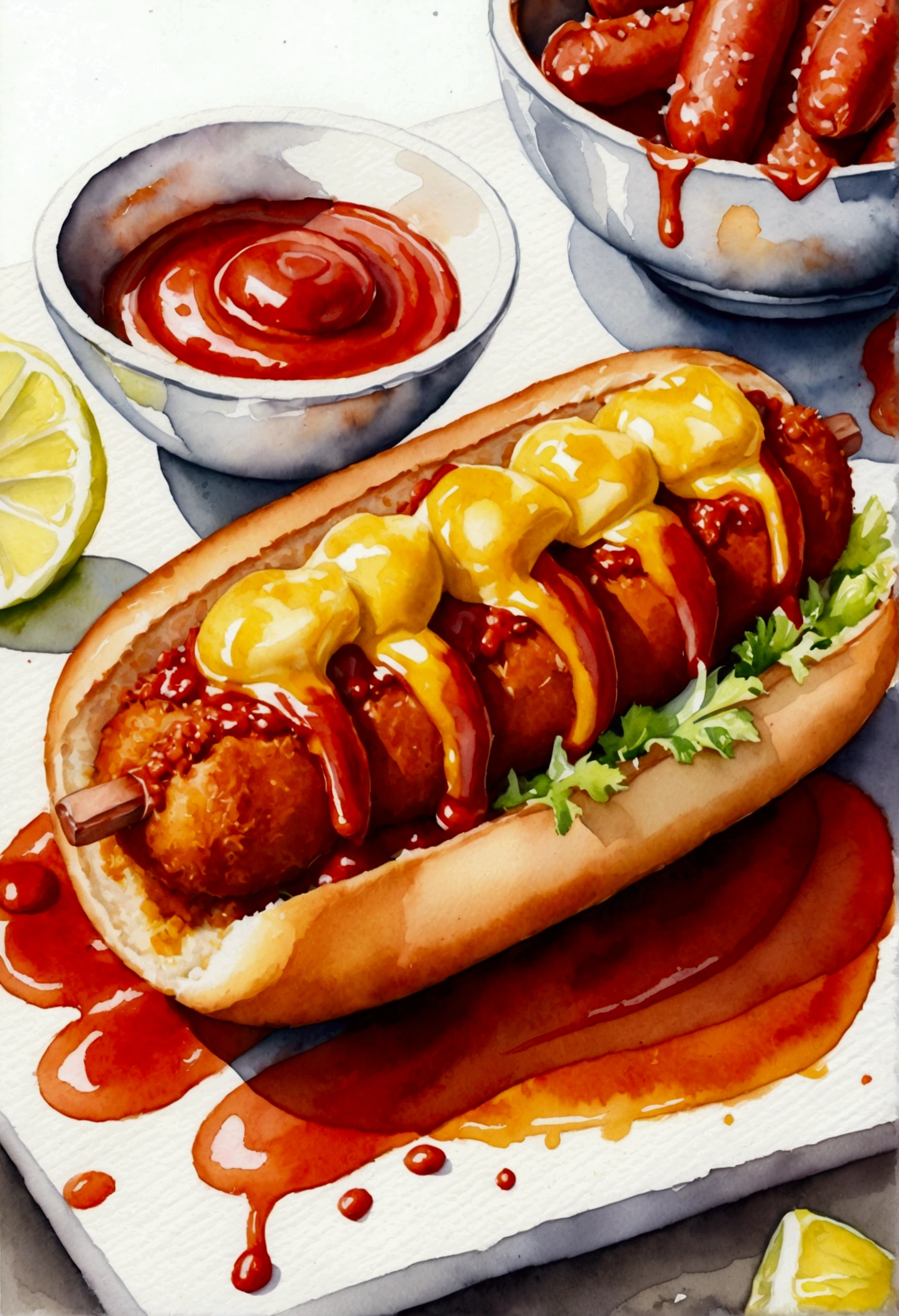 Painting of a currywurst, Trend Aquarell, detailed, non-realistic rendering,  Streetstyle, food blogger