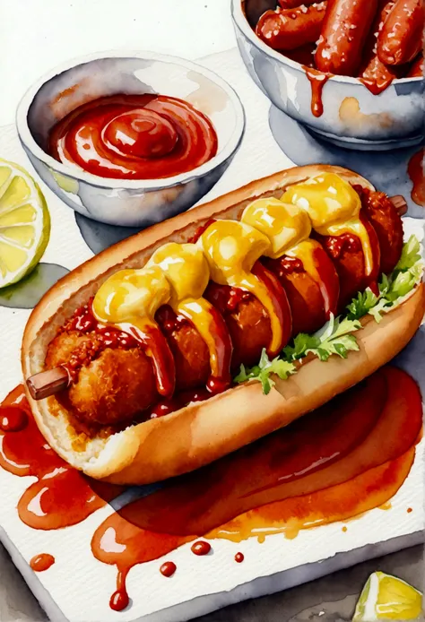 painting of a currywurst, trend aquarell, detailed, non-realistic rendering,  streetstyle, food blogger