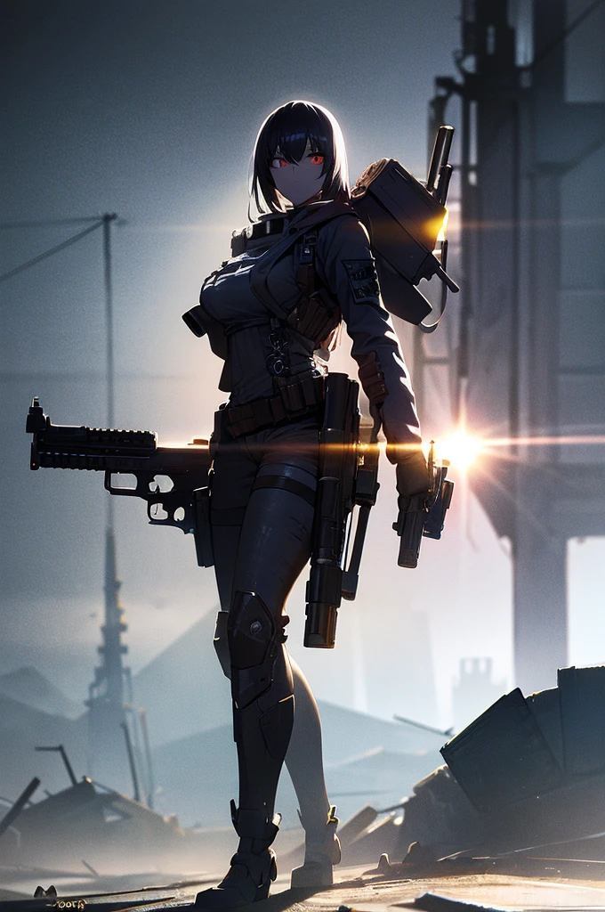 In the spotlight, holding_gun, assault_rifle, Very detailed,, Anime Style, whole body, alone, Stylish Gunfighter Girl, Holding a steampunk long barrel pistol,Standing in the wasteland, 8K high resolution, White Background, The background is a dark and desolate landscape, Horror movie atmosphere. Her figure is very beautiful, Emphasizing the dark and crazy elements. Skillfully expressing the effects of light and shadow, Anime girls with guns and rifles, from Girls&#39; Frontline, mechanized soldier girl, Girls&#39; Frontline style