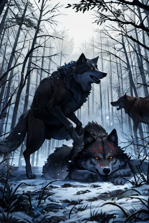 put blood, put blood crie um logo descrição da imagem: "in a dark clearing in the forest, several wolves with red eyes are fight...