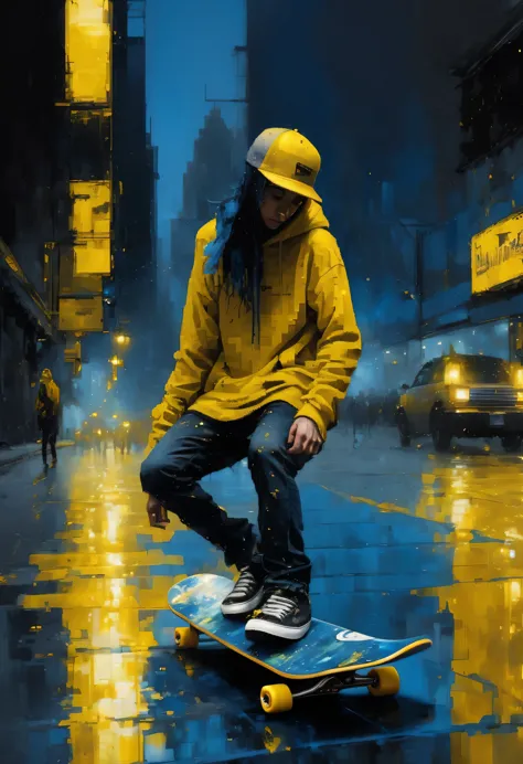 high relief pixel art made by oil painting by jeremy mann of a skateboarder on a nightmare pretty surreal at night, deep grey an...