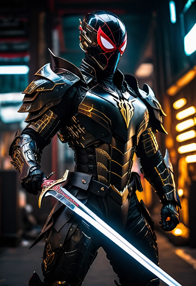 indonesian warrior dressed in a black suit holding a sword, cyborg warrior, cyber indonesian warrior armor, cyberpunk warrior, very beautiful cyberpunk warrior, full warrior armor spiderman without mask, bio - mechanical warrior, portrait of a cyberpunk warrior, cyber indonesian style armor, cyber indonesian armor, celtic and cyberpunk armor, intricate assasin mecha armor