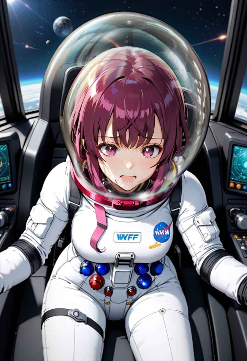 eva helm, spacesuit , astronaut), from above,  bubble helmet, space helmet, (1girl:1.1) wearing a (spacesuit:1.15), white cargo pants, (ugh, wtf do these buttons do:1.3), inside the cockpit of a (futuristic spaceship:1.1), sitting in the captains chair, (intricate control panels:1.3), (gleaming metal:1.1), surrounded by many buttons and dials and gauges, (confused:1.3), (worried expression:1.1), (nervous:1.1), concerned, beautiful 8k wallpaper, highly advanced, (sleek design:1.3), intricate, highres, superb, 8k wallpaper, extremely detailed, intricate, kafka