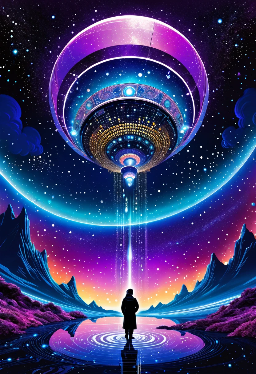 A surreal and vibrant scene featuring a satellite hovering in a cosmic landscape, embodying the "Lord of Mystery." The satellite is adorned with intricate designs inspired by Suzuki aesthetics, blending technology and artistry. Below, a rain of shimmering money cascades down, reflecting glimmers of light in a rich array of colors. The background is a blend of deep space hues—blues, purples, and blacks—interspersed with sparkling stars and nebulae. The composition should evoke a sense of wonder and intrigue, merging elements of fantasy and technology in a highly detailed digital art style. Emphasize dramatic lighting and intricate textures to enhance the mystical atmosphere.