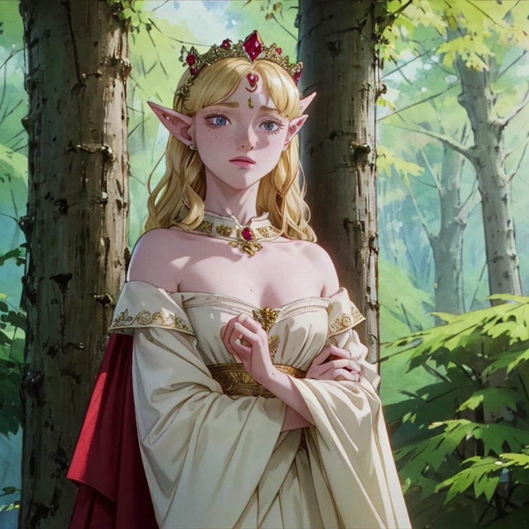 A beautiful blonde woman with elf ears and freckles, wearing a ruby crown, intricate details, delicate facial features, porcelain skin, piercing eyes, elegant pose, fantasy forest background, soft lighting, warm color palette, cinematic composition, highly detailed, photorealistic, masterpiece