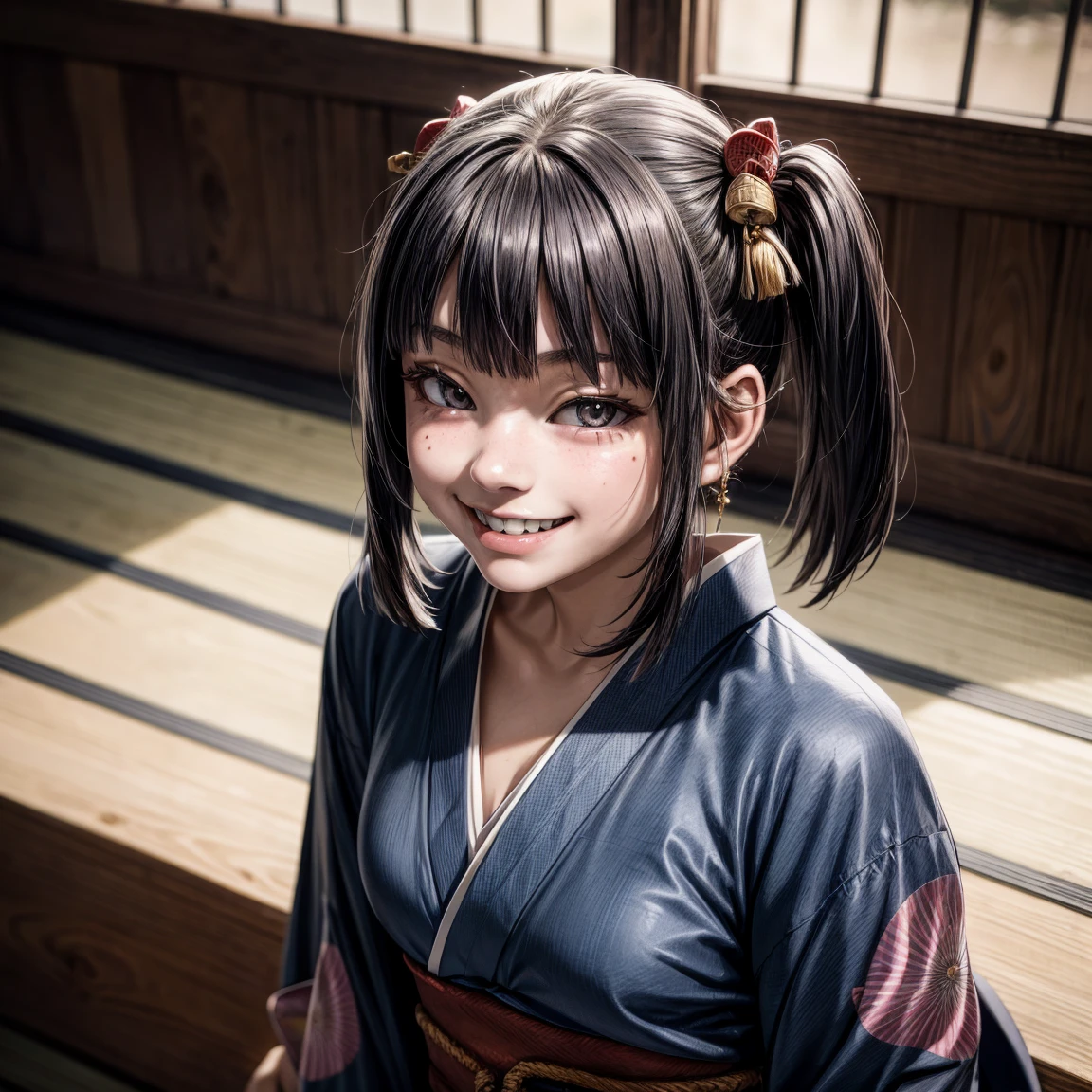 hyper realistic, young japanese girl, ((bad crooked teeth)) , ((yaeba teeth  smile )), ((wearing a kimono)),((Giving off a seductive smile))