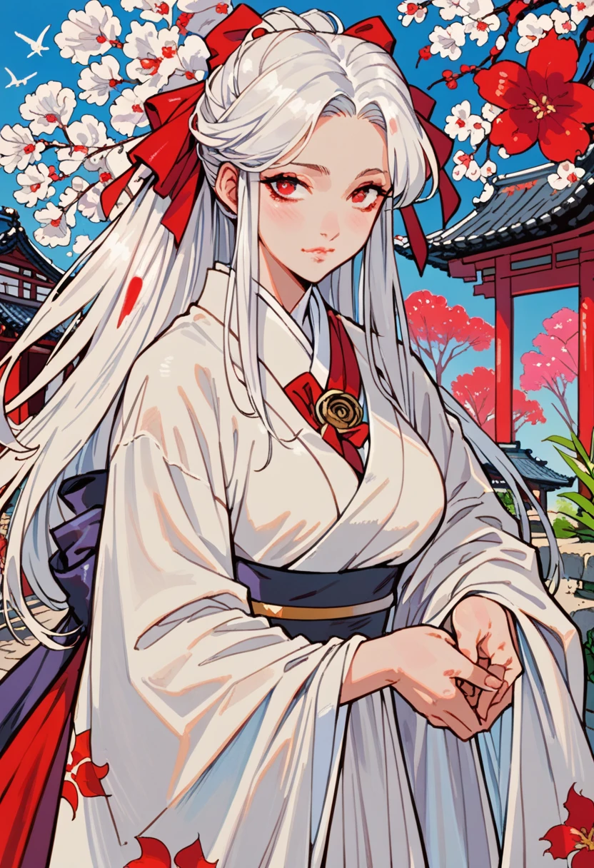 pale woman , beautiful , red eyes , white hair , white skin , fast , beautiful , longhair ,  gigantic boobies , japanese , huge tits , cleavage