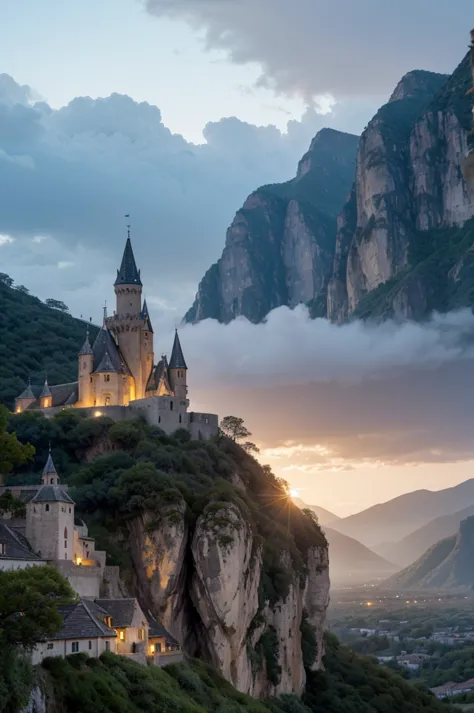 a white shinning village with a large south facing wall, miraculous ivory limestone towers ascend to the top of the valley, torc...