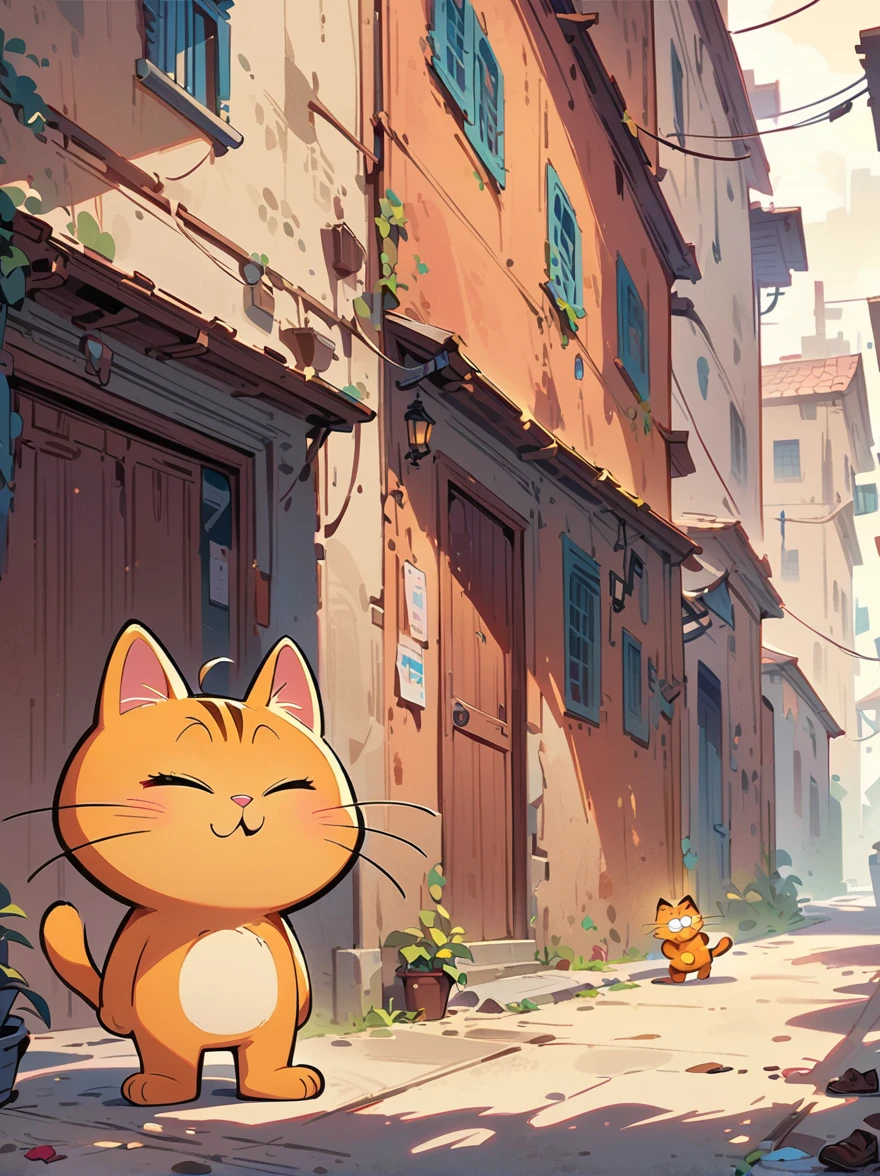 masterpiece, best quality, high resolution, concept art, Garfield cat, standing, (close eyes:1.5), vibrant colors, warm tones, cinematic composition