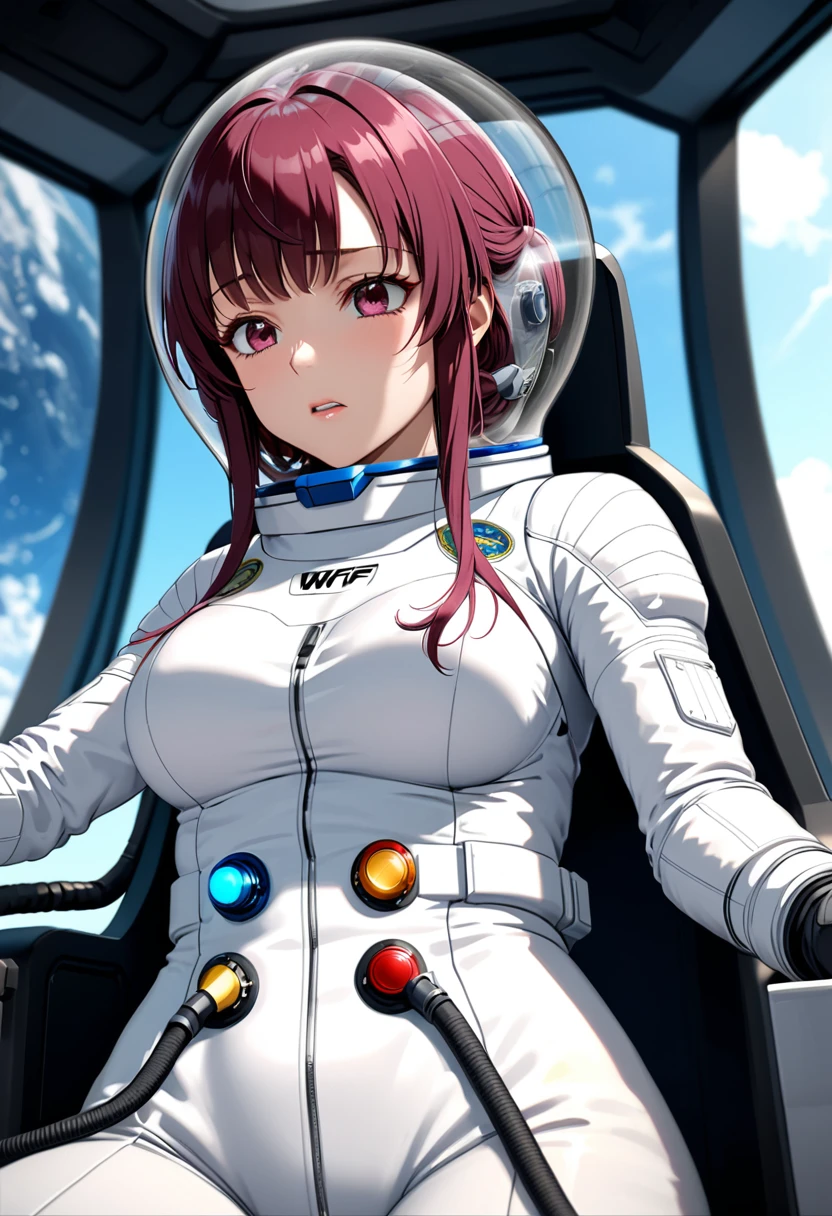 eva helm, spacesuit , astronaut),,  bubble helmet, space helmet, (1girl:1.1) wearing a (spacesuit:1.15), white cargo pants, (ugh, wtf do these buttons do:1.3), inside the cockpit of a (futuristic spaceship:1.1), sitting in the captains chair, (intricate control panels:1.3), (gleaming metal:1.1), surrounded by many buttons and dials and gauges, (confused:1.3), (worried expression:1.1), (nervous:1.1), concerned, beautiful 8k wallpaper, highly advanced, (sleek design:1.3), intricate, highres, superb, 8k wallpaper, extremely detailed, intricate, kafka, from below, very short hair