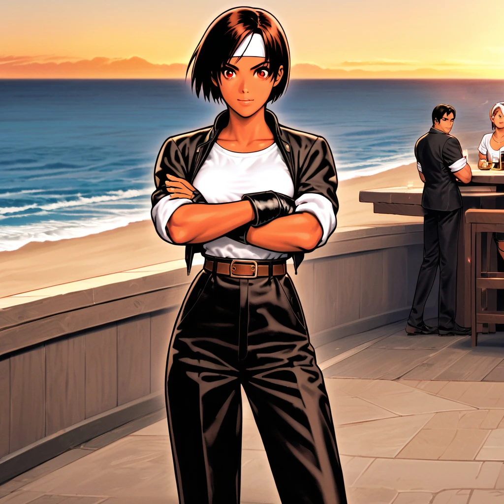 One person,woman,short hair,Dark Skin,Red eyes,（Black jacket with rolled up sleeves）,Fingerless gloves,White T-shirt, （White headband on forehead）,Black pants,White shoes,Brown belt,cute,Indoor person,Charm Points,Ocean View,Slightly large breasts,Outdoor,High quality,Handsome,Confident and surprised face,Dining with friends on the terrace,Lively atmosphere,Arms crossed