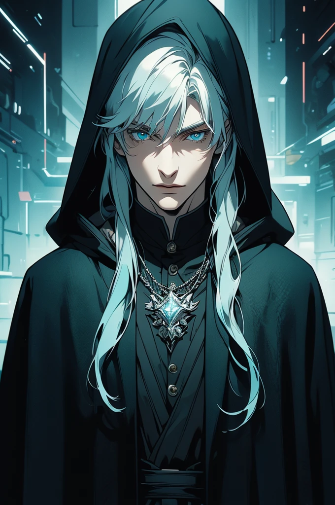 (masterpiece, 32k, 8k) very detailed image, naturally handsome young man, pale skin, shoulder-length silver hair, deep cyan eyes, (beautiful black cloak), image focused on the character's face, character looking fixedly at the viewer, cynical expression, background ethereum