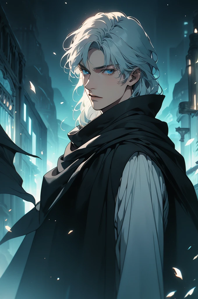 (masterpiece, 32k, 8k) very detailed image, naturally handsome young man, pale skin, shoulder-length silver hair, deep cyan eyes, (beautiful black cloak), image focused on the character's face, character looking fixedly at the viewer, cynical expression, background ethereum