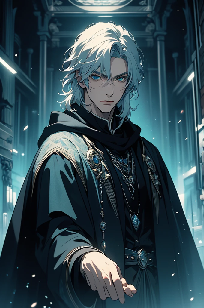 (masterpiece, 32k, 8k) very detailed image, naturally handsome young man, pale skin, shoulder-length silver hair, deep cyan eyes, (beautiful black cloak), image focused on the character's face, character looking fixedly at the viewer, cynical expression, office background, holding a black pearl in your hand