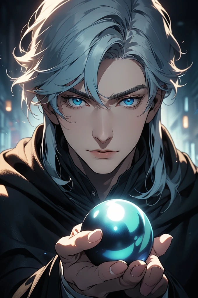 (masterpiece, 32k, 8k) very detailed image, naturally handsome young man, pale skin, shoulder-length silver hair, deep cyan eyes, (beautiful black cloak), image focused on the character's face, character looking fixedly at the viewer, cynical expression, office background, holding a black pearl in your hand