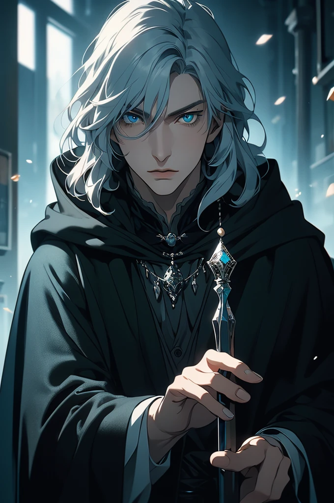 (masterpiece, 32k, 8k) very detailed image, naturally handsome young man, pale skin, shoulder-length silver hair, deep cyan eyes, (beautiful black cloak), image focused on the character's face, character looking fixedly at the viewer, cynical expression, office background, holding a black pearl in your hand