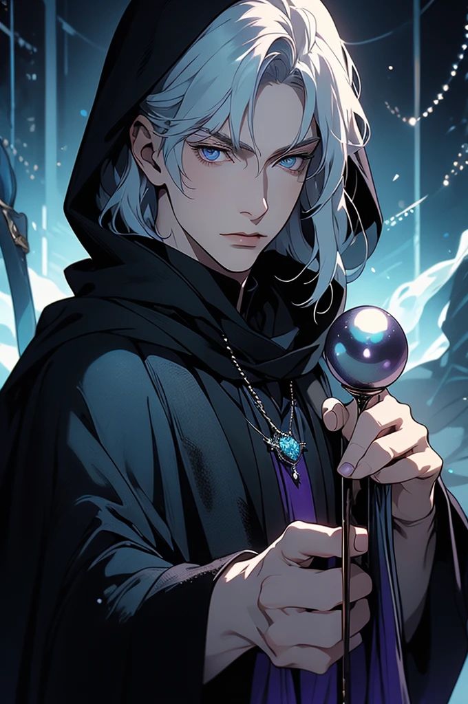 (masterpiece, 32k, 8k) very detailed image, naturally handsome young man, pale skin, shoulder-length silver hair, deep cyan eyes, (beautiful black cloak), image focused on the character's face, character looking fixedly at the viewer, cynical expression, office background, holding a black pearl in her hand, pearl shining black and purple