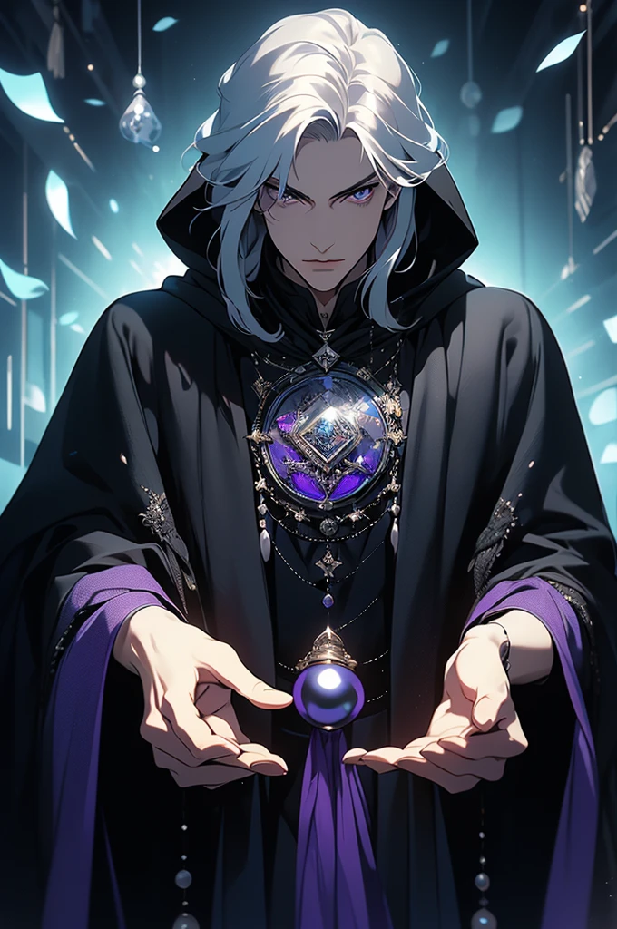 (masterpiece, 32k, 8k) very detailed image, naturally handsome young man, pale skin, shoulder-length silver hair, deep cyan eyes, (beautiful black cloak), image focused on the character's face, character looking fixedly at the viewer, cynical expression, office background, holding a black pearl in her hand, pearl shining black and purple