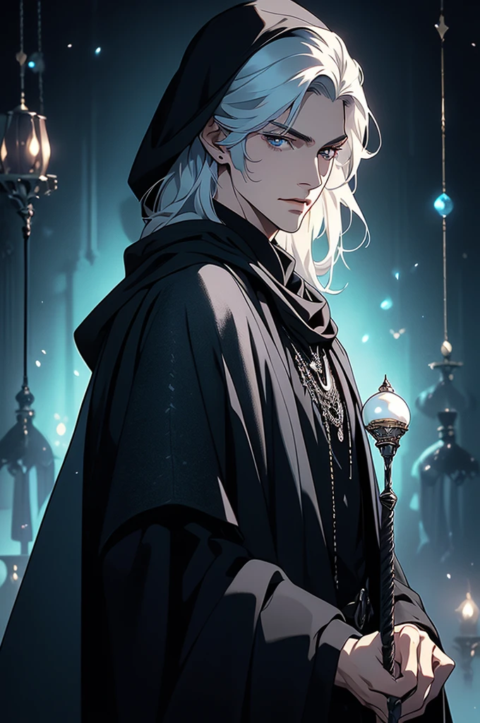 (masterpiece, 32k, 8k) very detailed image, naturally handsome young man, pale skin, shoulder-length silver hair, deep cyan eyes, (beautiful black cloak), image focused on the character's face, character looking fixedly at the viewer, cynical expression, office background, holding a black pearl in her hand, pearl shining black and purple