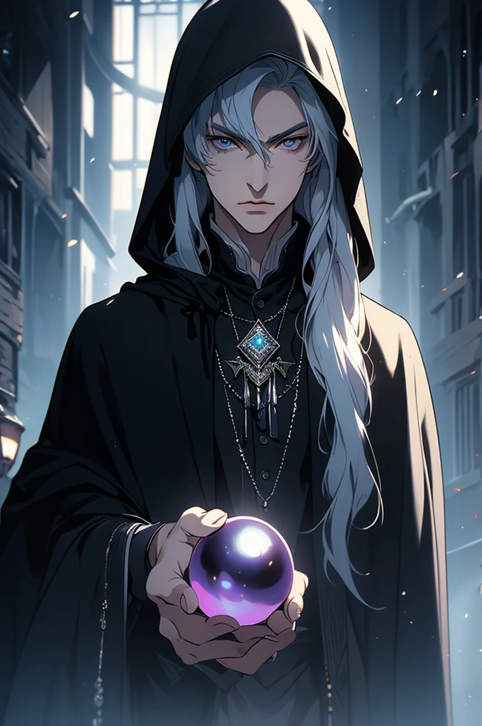 (masterpiece, 32k, 8k) very detailed image, naturally handsome young man, pale skin, shoulder-length silver hair, deep cyan eyes, (beautiful black cloak), image focused on the character's face, character looking fixedly at the viewer, cynical expression, office background, holding a black pearl in her hand, pearl shining black and purple