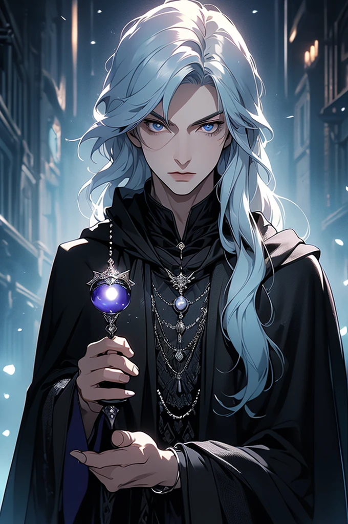 (masterpiece, 32k, 8k) very detailed image, naturally handsome young man, pale skin, shoulder-length silver hair, deep cyan eyes, (beautiful black cloak), image focused on the character's face, character looking fixedly at the viewer, cynical expression, office background, holding a black pearl in her hand, pearl shining black and purple