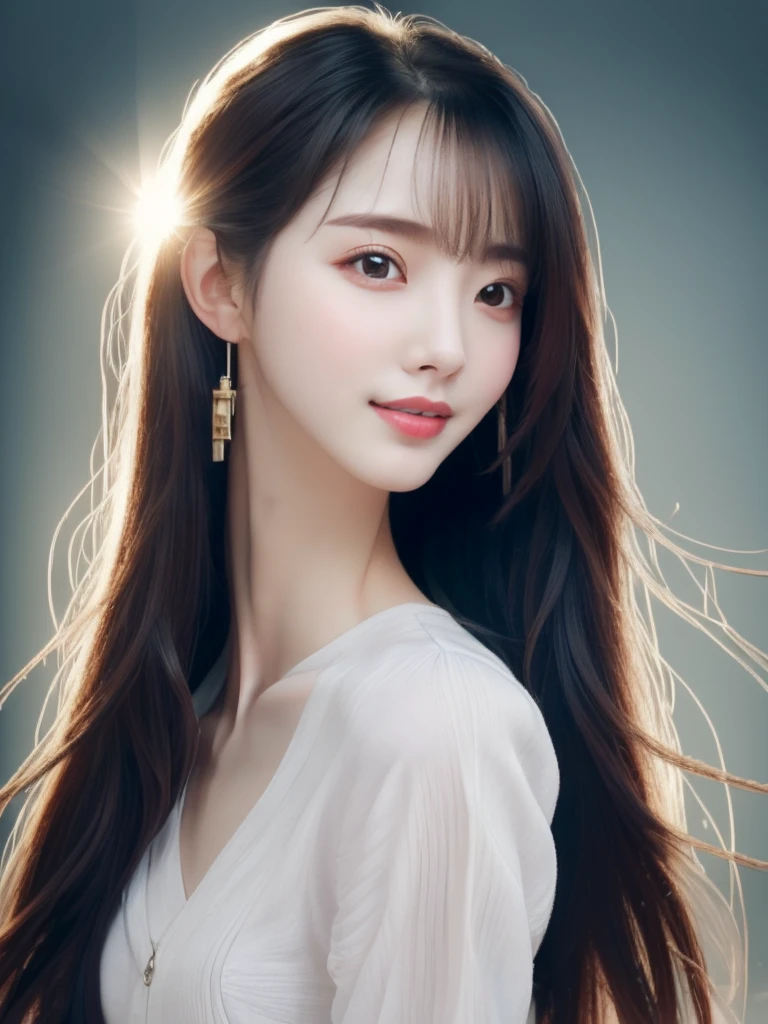 ((photorealistic:1.3)),((ultra detailed)),((sharp:1.5)),1woman,28yo, solo, black hair, long hair, original, realistic, looking at viewer, upper body, shirt, white shirt,lips, brown hair, parted lips, photo-referenced, real life, simple background, no makeup, pink lips, blue background, grey background, looking to the side, lipstick, dress,shadow, parted bangs.((8K)),((upper body)),((slender)),wearing w white blause