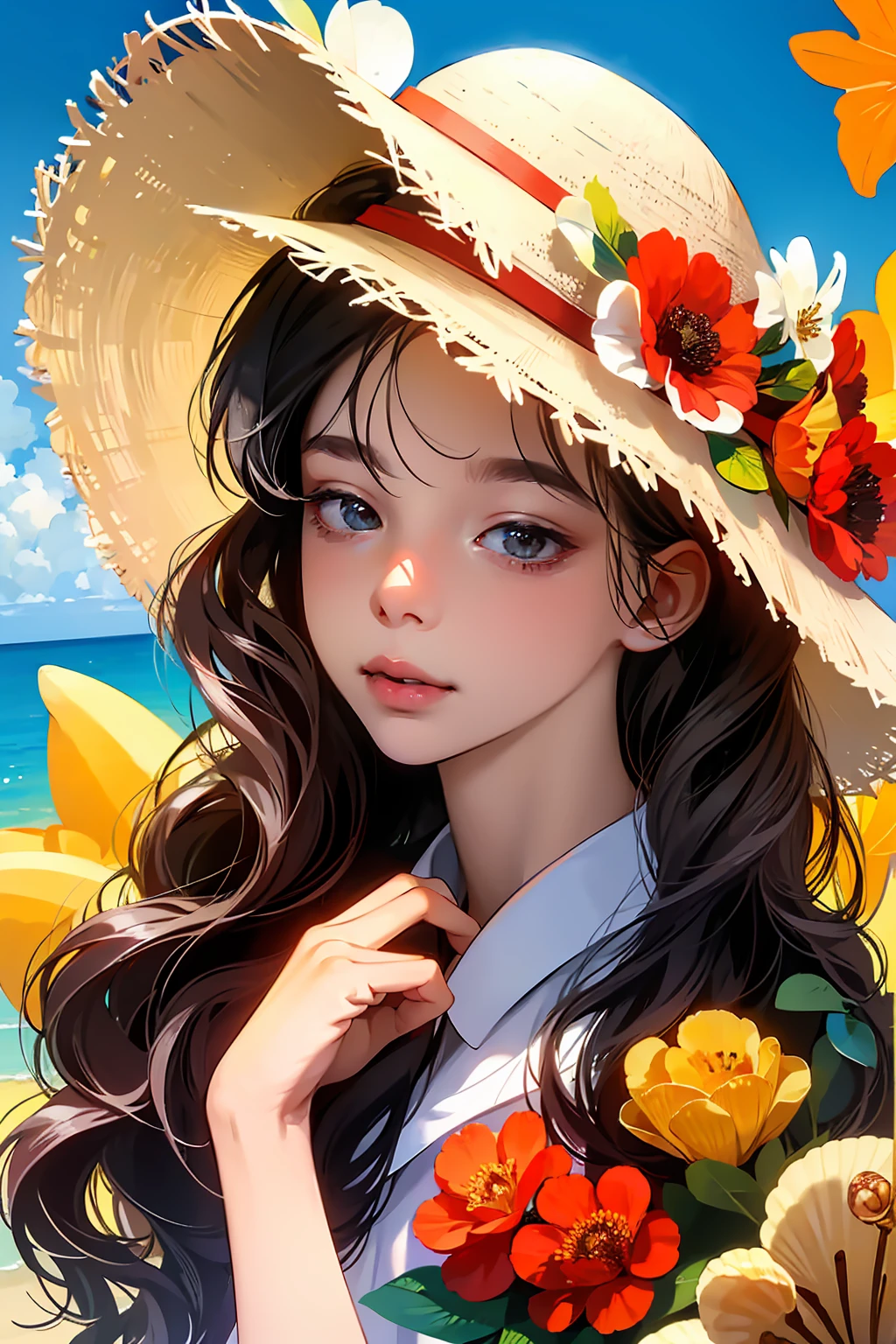 1girll, Solo, Extremely detailed eyes, starfish, seashell, shells, flower, Hat, hair adornments, jewelry, Straw hat, view the viewer, sunglasses, hatflower, drinking straw, hair pin, Earrings, Red flower, Colored glasses, yellowflower, bangs, English text, multicolored hair, orangeflower, Black hair, ring, Ccup, Long hair, orange-tinted eyewear, food, Brown hair, Portrait, shell hair ornament