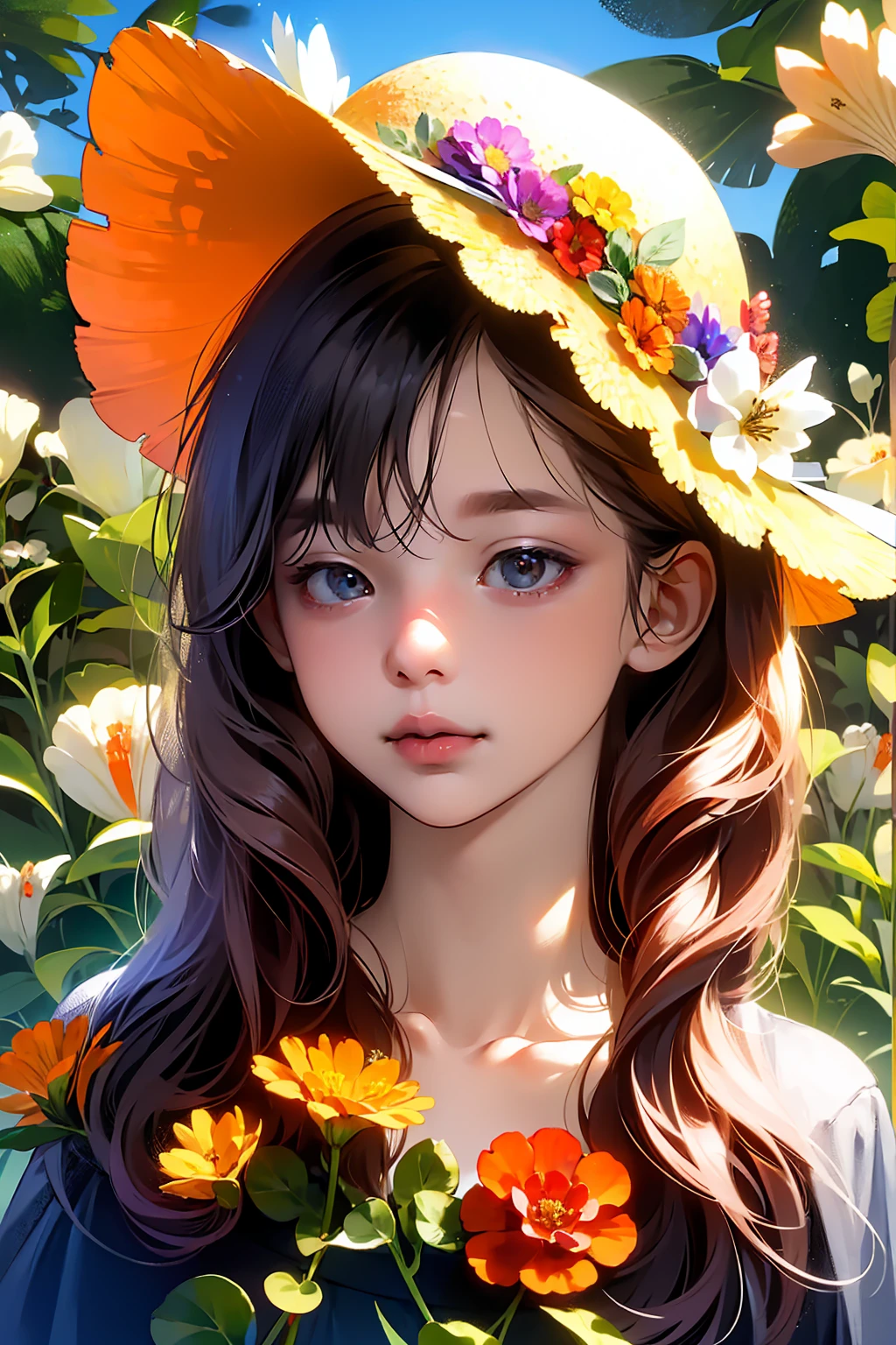 1girll, Solo, Extremely detailed eyes, starfish, seashell, shells, flower, Hat, hair adornments, jewelry, Straw hat, view the viewer, sunglasses, hatflower, drinking straw, hair pin, Earrings, Red flower, Colored glasses, yellowflower, bangs, English text, multicolored hair, orangeflower, Black hair, ring, Ccup, Long hair, orange-tinted eyewear, food, Brown hair, Portrait, shell hair ornament