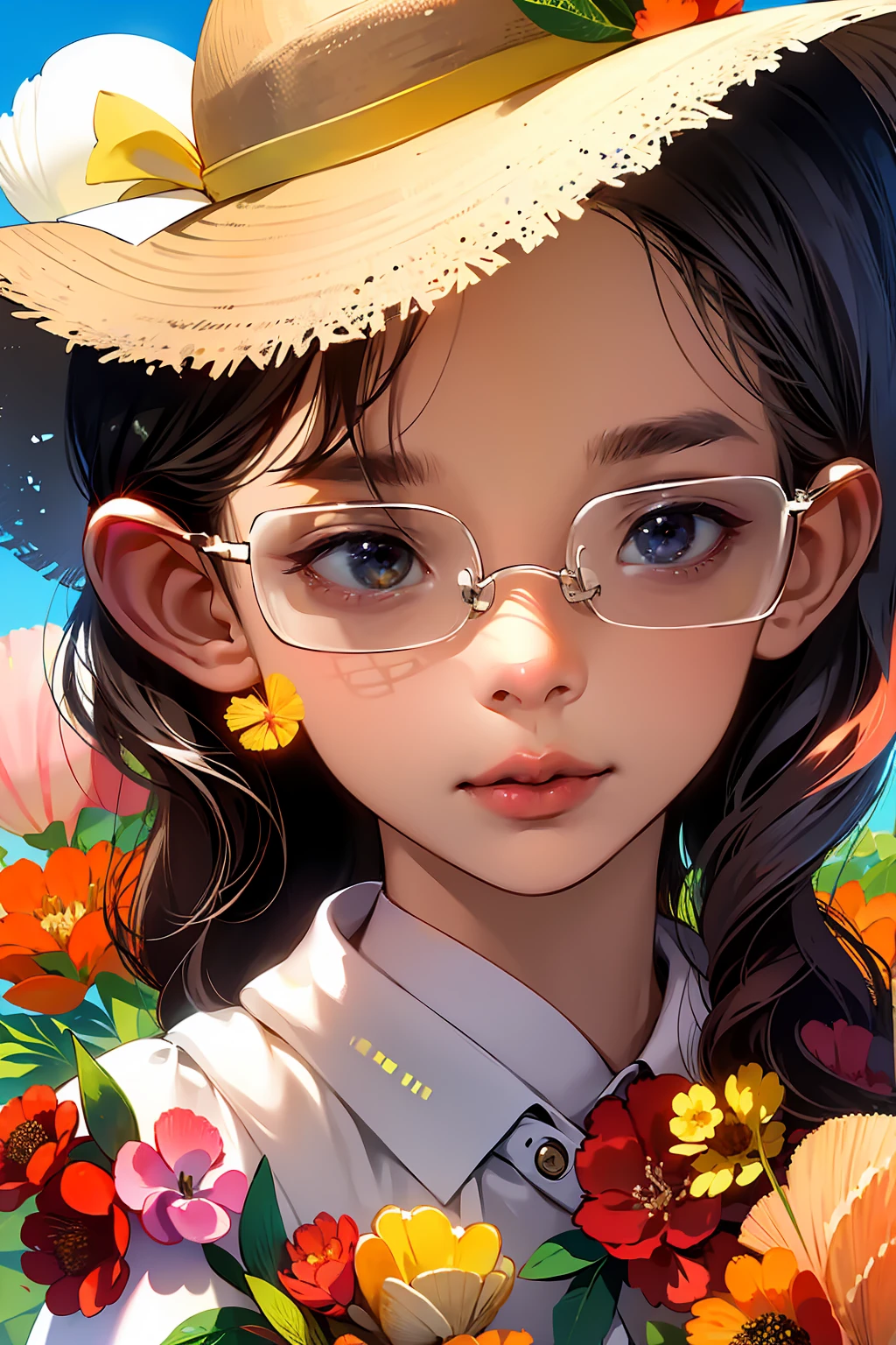 1girll, Solo, Extremely detailed eyes, starfish, seashell, shells, flower, Hat, hair adornments, jewelry, Straw hat, view the viewer, sunglasses, hatflower, drinking straw, hair pin, Earrings, Red flower, Colored glasses, yellowflower, bangs, English text, multicolored hair, orangeflower, Black hair, ring, Ccup, Long hair, orange-tinted eyewear, food, Brown hair, Portrait, shell hair ornament