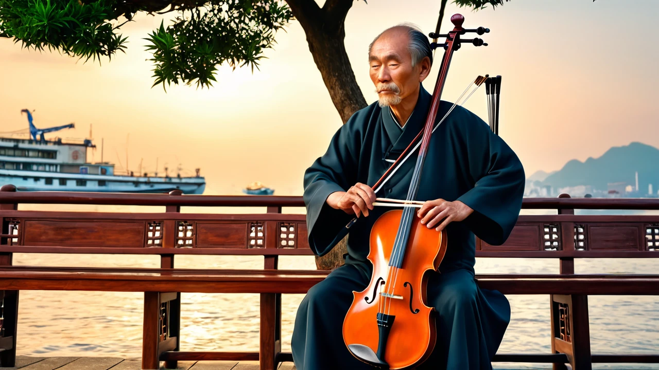 masterpiece, high quality animation, hyper-realistic aesthetic photo, (HDR:1.2), pore and detailed, intricately detailed, graceful and beautiful textures, RAW photo, 16K, sharp focus, cinematic lighting, (vivid colors), (crisp details), (Kaohsiung harbor-side), (old wooden bench), (man playing erhu ((Erhu)) with accurate facial features, correct hand movements, and a properly detailed erhu), (sunset atmosphere), (large tree), (sky)