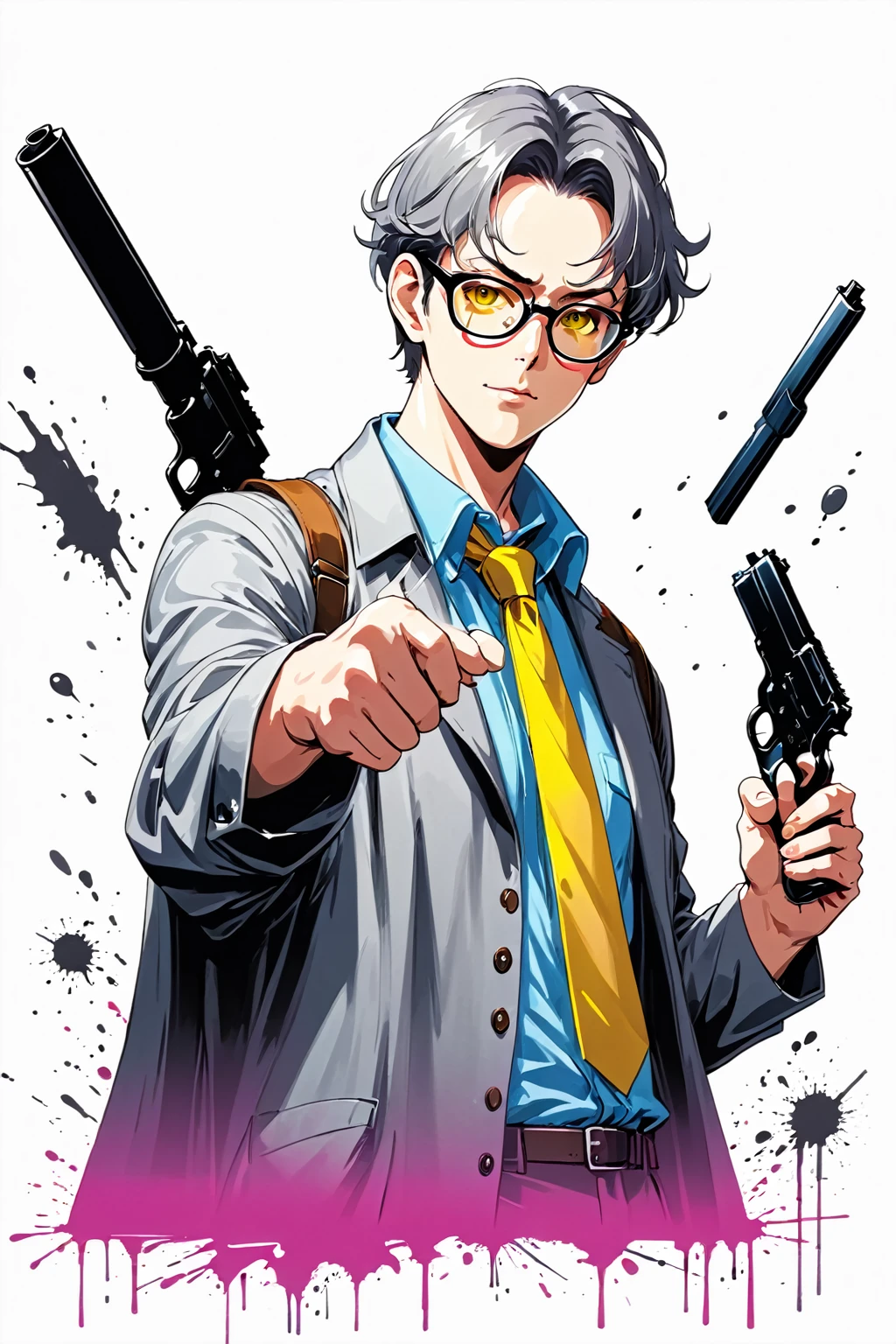 anime poster of a man with glasses and a yellow shirt, a close up of a man holding a gun pointing at the viewer, 1man wearing a long coat, a man holding a pistol, wearing round clear glasses, grey long hair that is tied at the back, side bangs, necktie, brown eyes, a wanted poster, mug shot, auras and grey things, Synthwave T-shirt, ink splatters, manga panels