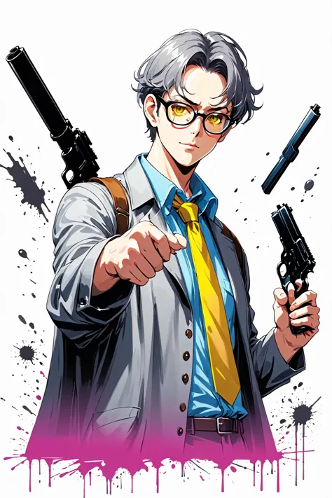 anime poster of a man with glasses and a yellow shirt, a close up of a man holding a gun pointing at the viewer, 1man wearing a ...