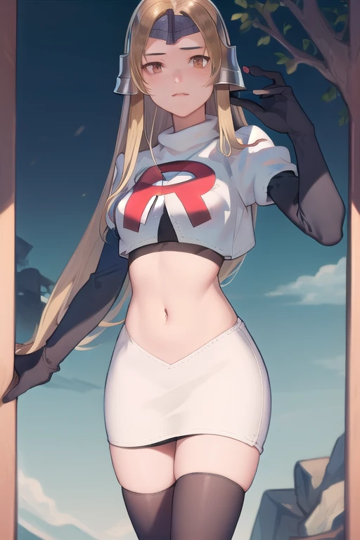 masterpiece, best quality, mathilda, brown eyes,helmet,  looking at viewer, team rocket,team rocket uniform,white skirt,red letter R,crop top,black thigh-highs,black elbow gloves