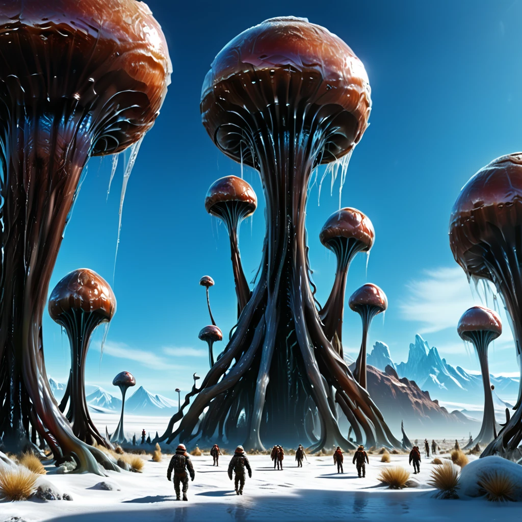 (photorealistic), (hight resolution 4k, 8k)painting in high definition, nffsw,(sharp focus, realistic)(maximum quality),((best quality: 1.5) ,((masterpiece: 0.8)) intricate details,
strange world , strange and hostile planet,in a desert of an alien planet, aonlonge ice pillars like alien command towers, blue sky, e artimosfera laranjada, Carnivorous plants, giant insects with large spider-like legs, panoramic scene, Hyper-Realism, high qualiy, Maximum quality, ships hovering in the air from the ice towers ,